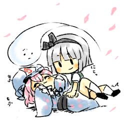  2girls belly_rub drawfag headband japanese_clothes konpaku_youmu konpaku_youmu_(ghost) lowres multiple_girls saigyouji_yuyuko touhou triangular_headpiece 