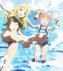  barefoot bikini blonde_hair closed_eyes closed_eyes green_eyes highres hoshii_miki idolmaster long_hair ocean one-piece_swimsuit one_piece_swimsuit orange_hair short_twintails splash splashing stitch stitched swimsuit takatsuki_yayoi twintails twintails 