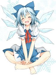  ^_^ ankle_grab bad_id bad_pixiv_id bare_legs barefoot blue_hair blue_skirt blush bow cirno closed_eyes feet female hair_ribbon hairbow head_tilt ice ice_wings indian_style kako11 open_mouth ribbon short_hair sitting skirt smile snowflakes solo touhou v_arms wings 