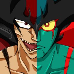  70s 80s blue_skin comparison demon devilman evil_grin evil_smile fangs fudou_akira go_nagai grin lowres markings nagai_gou oldschool open_mouth red_eyes sharp_teeth smile split_screen yellow_sclera 