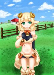  animal_ears blush fanart fence fur green_eyes horns mamono_girl_lover midriff monster_girl monster_girl_encyclopdia monster_girl_encyclopedia monster_girl_profile sheep weresheep 