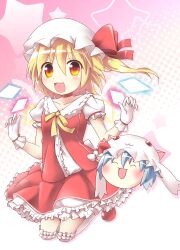  2girls :3 bad_id bad_pixiv_id bell_(oppore_coppore) blush closed_eyes cosplay flandre_scarlet gloves hat hat_ribbon hat_with_ears highres jumping kaname_madoka kaname_madoka_(cosplay) kaname_madoka_(magical_girl) kyubey_(cosplay) kyuubee mahou_shoujo_madoka_magica mahou_shoujo_madoka_magica_(anime) multiple_girls open_mouth photoshop_(medium) red_eyes remilia_scarlet ribbon shirt siblings side_ponytail sisters skirt skirt_set thighhighs touhou white_gloves white_legwear wings yukkuri_shiteitte_ne zettai_ryouiki 