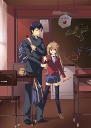  1boy aisaka_taiga bag black_hair black_legwear brown_hair classroom commentary_request female grin heart highres inko long_hair nekoli oohashi_high_school_uniform photoshop_(medium) school_bag school_uniform smile takasu_ryuuji thighhighs toradora! 