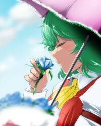  ascot bad_id bad_pixiv_id blue_flower blue_rose blue_sky blurry blush closed_eyes day depth_of_field female flower green_hair holding holding_flower hyudora kazami_yuuka parasol plaid plaid_vest profile rose shirt short_hair sky smelling_flower smile solo touhou umbrella vest 