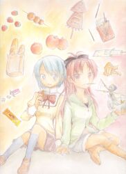  2girls apple baguette bird blue_eyes blue_hair blush boots bread candy commentary_request crow dango denim denim_shorts ds_(ndsl) fishbowl food fruit grin highres holding_hands ikayaki long_hair mahou_shoujo_madoka_magica mahou_shoujo_madoka_magica_(anime) miki_sayaka mitakihara_school_uniform mouth_hold multiple_girls open_mouth orange_(fruit) pocky ponytail red_eyes red_hair sakura_kyoko school_uniform short_hair shorts sitting skirt smile squid strawberry sword takoyaki wagashi weapon 