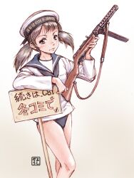  arm_support artist_logo bare_legs black_eyes black_hair black_hat black_neckerchief blue_sailor_collar blush closed_mouth commentary_request female full_body gun hat headwear_writing holding holding_gun holding_weapon imperial_japanese_navy long_hair long_sleeves looking_at_viewer military military_uniform mp18 neckerchief no_pants original placard pork_pie_sailor_hat sailor sailor_collar sailor_hat school_swimsuit shirt sign signature signpost simple_background solo standing submachine_gun swimsuit swimsuit_under_clothes twintails two-tone_headwear uniform weapon white_hat white_shirt yoshikawa_kazunori 