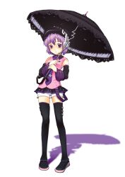  bloomers commentary_request female headphones highres hissatsukun necktie purple_eyes purple_hair purple_necktie simple_background solo thighhighs umbrella underwear utane_uta utau 