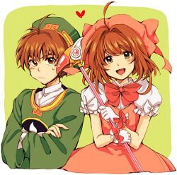  1boy bad_id bad_pixiv_id brown_eyes brown_hair cardcaptor_sakura chinese_clothes crossed_arms dress female fuuin_no_tsue glove_bow gloves green_eyes hat kinomoto_sakura kinomoto_sakura_(magic_dream_costume) li_syaoran lolicon magical_girl photoshop_(medium) pink_hat wand white_gloves yamano_(151515) 