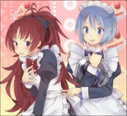  2girls alternate_costume bad_id bad_pixiv_id blue_eyes blue_hair blush cake enmaided food long_hair mahou_shoujo_madoka_magica mahou_shoujo_madoka_magica_(anime) maid maid_headdress miki_sayaka multiple_girls ocha_(hutuumikan) photoshop_(medium) poking ponytail red_eyes red_hair sakura_kyoko short_hair 