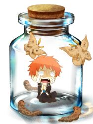  1boy ao_no_exorcist bottle bug caterpillar commentary_request lukias male_focus meme moth orange_hair pixiv_bottle_(meme) school_uniform shima_renzou solo tears 