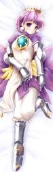  armor armored_dress bloomers blush boots commentary_request crown dress earrings female full_body gizensha gloves gold_crown gradriel greaves jewelry knee_boots knight pants pointed_crown princess_crown purple_eyes purple_hair short_hair solo underwear white_background white_bloomers 