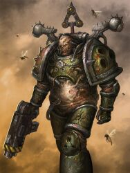  1boy adeptus_astartes armor bald bolter bug chaos_(warhammer) chaos_space_marine commentary_request death_guard fly full_armor gun highres holding holding_gun holding_weapon lieqi_hun looking_at_viewer no_humans pauldrons photoshop_(medium) plague_marine shoulder_armor smoke solo warhammer_40k weapon yellow_eyes zombie 