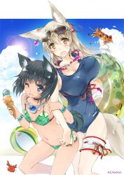  2girls ;d animal_ears ball beachball beads bikini black_hair blue_eyes blush bouncing_breasts breasts cleavage cloud collar commentary_request crab day earrings food fox_ears ice_cream ice_cream_cone ikayaki innertube jewelry large_breasts lens_flare locked_arms magatama multiple_girls multiple_tails navel necklace oerba_yun_fang one-piece_swimsuit one_eye_closed open_mouth original plaid plaid_bikini prayer_beads school_swimsuit silver_hair smile sunglasses swim_ring swimsuit tail thigh_strap won_(az_hybrid) yellow_eyes 