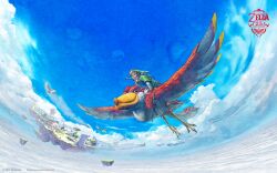  1boy 2011 bird cloud day floating_island flying harness horizon link male_focus official_art official_wallpaper riding shield shield_on_back sky solo sword takumi_wada the_legend_of_zelda the_legend_of_zelda:_skyward_sword weapon 