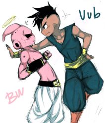  2boys buu character_name dragon_ball dragon_ball dual_persona halo head_tail majin_buu male male_focus multiple_boys muscle pink_skin sash topless uub 