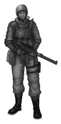  1boy as_val assault_rifle boots commentary_request facial_hair fingerless_gloves gloves greyscale gun hammer_and_sickle helmet highres kalashnikov_rifle knife lieqi_hun magazine_(weapon) male_focus military military_uniform monochrome original photoshop_(medium) rifle scar soldier solo soviet stubble uniform weapon 