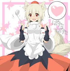  animal_ears apron blush commentary_request detached_sleeves ear_wiggle female hat heart inubashiri_momiji ladle oerba_yun_fang open_mouth red_eyes short_hair solo spoken_heart suna_(sunaipu) tail tail_wagging tokin_hat touhou wolf_ears wolf_tail 