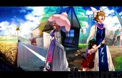  3girls animal_ears blonde_hair blue_tabard brown_hair cat_ears cat_tail chen commentary_request contemporary day earrings fangs flame_print fox_tail gate hat jewelry letterboxed map multiple_girls multiple_tails narumi_yuka outdoors parasol photoshop_(medium) purple_tabard road short_hair tabard tail torii touhou tunnel umbrella wind_turbine yakumo_ran yakumo_yukari yin_yang yin_yang_print 