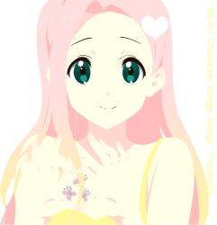  4-fingers_heart_hands album_cover_redraw bare_shoulders bug butterfly cutie_mark derivative_work dress female fluttershy_(mlp) green_eyes hair_ornament heart heart_hands k-on! kotobuki_tsumugi long_hair looking_at_viewer miraclenight my_little_pony my_little_pony:_friendship_is_magic personification pink_hair smile solo tattoo 