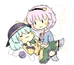  2girls :3 ^_^ belly_rub blush_stickers bow chibi closed_eyes drawfag eyeball green_hair hat hat_bow headband heart komeiji_koishi komeiji_satori lowres multiple_girls pink_hair short_hair siblings sisters skirt smile socks sun_hat third_eye touhou |_| 