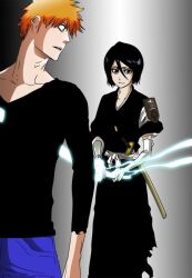  1boy bleach colorized female impaled kubo_tite kuchiki_rukia kurosaki_ichigo spoilers stab 