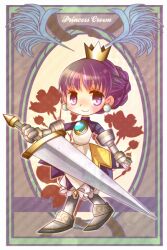  armor armored_dress bad_id bad_pixiv_id bloomers boots border braid commentary_request copyright_name crown dress earrings female gold_crown gradriel greaves green_border hiyopuko jewelry knee_boots knight pointed_crown princess_crown purple_eyes purple_hair short_hair smile solo sword underwear weapon white_bloomers 