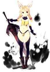  animal_ears bad_id bad_pixiv_id black_thighhighs blonde_hair boots bow braid elbow_gloves elin female fingerless_gloves gloves hairbow navel red_eyes slayer_(tera_online) solo subachi sword tera_online thighhighs twin_braids weapon 