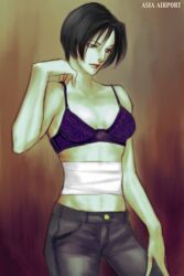  ada_wong asia_airport bandage bandages black_eyes black_hair bra female female midriff pants purple_bra resident_evil resident_evil_2 shirtless short_hair solo underwear 