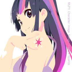  akiyama_mio album_cover_redraw bare_shoulders cutie_mark derivative_work female heart hime_cut k-on! long_hair miraclenight multicolored_hair my_little_pony my_little_pony:_friendship_is_magic personification photoshop_(medium) pink_hair purple_eyes purple_hair simple_background smile solo streaked_hair tattoo twilight_sparkle_(mlp) v 