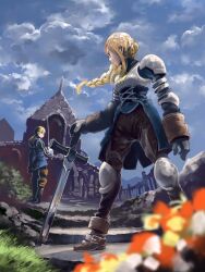  1boy agrias_oaks armor artistic_error blonde_hair blurry braid commentary_request depth_of_field female final_fantasy final_fantasy_tactics gloves highres long_hair outdoors pomodorosa ramza_beoulve single_braid sky standing sword time_paradox weapon 