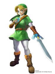  1boy blonde_hair blue_eyes commentary_request hat holding holding_sword holding_weapon instrument left-handed link male_focus master_sword muse_(rainforest) ocarina photoshop_(medium) pointy_ears solo sword the_legend_of_zelda the_legend_of_zelda:_ocarina_of_time weapon 