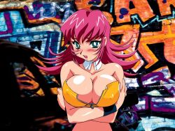  aqua_eyes blush breasts bright_pupils covered_nipples female graffiti kimura_takahiro large_breasts long_hair open_mouth pink_hair raika_grace solo sweat unzipped viper viper_f40 wristband zipper 