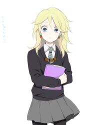  animification bad_drawr_id bad_id bad_link blonde_hair blue_eyes earrings female harry_potter_(series) hirosuke_(psychexx) hogwarts_school_uniform jewelry luna_lovegood necklace necktie notebook oekaki pantyhose pleated_skirt ravenclaw school_uniform simple_background skirt solo sweater translated wizarding_world 