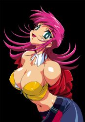  aqua_eyes arms_behind_back black_background breasts bright_pupils detached_collar female flipped_hair jacket kimura_takahiro large_breasts long_hair midriff navel official_art open_mouth raika_grace red_jacket shiny_skin simple_background solo viper viper_f40 