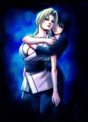  2girls black_eyes black_hair blonde_hair breasts cleavage facial_mark forehead_mark hug hug_from_behind kichijitsu multiple_girls naruto protective shizune_(naruto) standing tsunade 