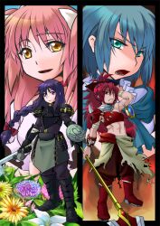  4girls akemi_homura armor black_hair blue_eyes blue_hair buckler commentary_request kaname_madoka long_hair mahou_shoujo_madoka_magica mahou_shoujo_madoka_magica_(anime) miki_sayaka multiple_girls mura_(kiyohime) pink_hair polearm ponytail red_hair sakura_kyoko shield short_hair spear spoilers sword two_side_up ultimate_madoka weapon yellow_eyes 