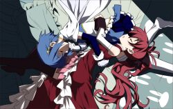  2girls :o black_legwear blue_hair bow cape closed_eyes commentary_request detached_sleeves elbow_gloves frills gathers gloves hair_ornament hairbow hairclip long_hair lying magical_girl mahou_shoujo_madoka_magica mahou_shoujo_madoka_magica_(anime) miki_sayaka miki_sayaka_(magical_girl) multiple_girls nyoro_(nyoronyoro000) on_side open_mouth photoshop_(medium) pleated_skirt ponytail red_hair rotational_symmetry sakura_kyoko sakura_kyoko_(magical_girl) short_hair skirt sleeping thighhighs white_legwear 