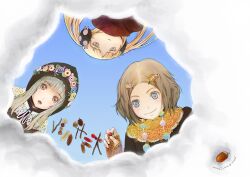  3girls acorn blonde_hair blue_eyes blush brown_eyes brown_hair character_request cloud copyright_request green_hair grey_eyes hair_ornament hairclip hood hoodie long_hair looking_at_viewer looking_down mirrored_text multiple_girls photoshop_(medium) saiguchi_otoufu short_hair sky smile twintails 