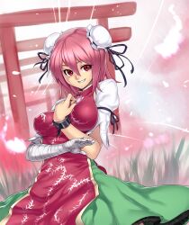  aerokinesis bandages breasts bun_cover chains commentary_request cuffs double_bun dress female flower grass grin hair_bun hand_on_own_chest highres houtengeki ibaraki_kasen medium_breasts multiple_torii petals pink_hair red_eyes ribbon shackles short_hair smile solo tabard torii touhou wind 