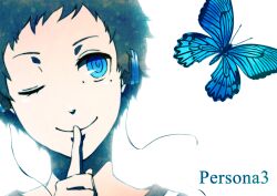  1boy black_hair blue_eyes bug butterfly commentary_request headphones lolicon male_focus one_eye_closed persona persona_3 pharos photoshop_(medium) shuu_moto simple_background solo 