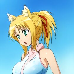  animal_ears blonde_hair dog_days female fox_ears gradient_background green_eyes hair_ribbon hairu lowres open_mouth ponytail ribbon sleeveless solo upper_body yukikaze_panettone 