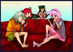  4girls animal_ears barefoot black_hair bow braid broken bukimi_isan cat_ears commentary_request couch feet green_bow green_eyes green_hair green_skirt hairbow handheld_game_console headband kaenbyou_rin komeiji_koishi komeiji_satori leaning long_hair multiple_girls oerba_yun_fang pink_hair pink_skirt playing_games playstation_portable red_eyes red_hair reiuji_utsuho short_hair sitting skirt sock_dangle sock_pull the_war_of_koishi_chan touhou twin_braids wings 