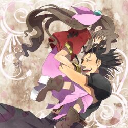  1boy aerith_gainsborough black_hair blush bow bracelet braid brown_hair carrying closed_eyes commentary_request couple cropped_jacket dress female final_fantasy final_fantasy_vii gloves hair_ribbon happy jewelry long_dress long_hair materia nata_(kimeeee) pink_bow pink_dress ponytail ribbon single_braid smile straight very_long_hair zack_fair 