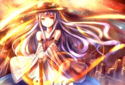  alternate_costume bare_shoulders blue_hair commentary_request female food fruit hat highres hinanawi_tenshi long_hair peach red_eyes sakura_ani smile solo sword_of_hisou touhou 