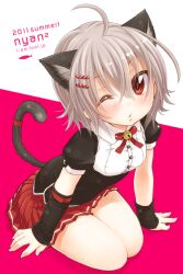  ahoge animal_ears arm_warmers bell blush cat_ears cat_tail commentary_request female hair_ornament hairclip one_eye_closed original photoshop_(medium) red_eyes shirt short_hair silver_hair sitting skirt solo tail yukiu_con 