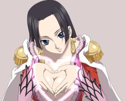  amazon_warrior black_hair blue_eyes boa_hancock breasts cape cleavage commentary_request earrings epaulettes female heart heart_hands jewelry large_breasts long_hair one_piece pitecube simple_background smile solo 