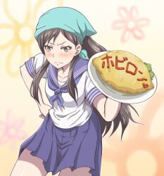  banboro_(technobot) blush brown_hair commentary_request female food food_writing hanasaku_iroha hand_on_own_hip head_scarf ketchup long_hair omelet omurice school_uniform solo tsurugi_minko 