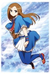  :3 ascot blue_background blue_eyes blue_thighhighs blush book brown_hair capelet castlevania:_portrait_of_ruin castlevania_(series) charlotte_aulin commentary_request female frills jumping kidachi long_hair photoshop_(medium) shoes skirt smile solo thighhighs 