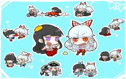  2girls alternate_costume bad_id bad_pixiv_id black_hair bondage bondage bound car chibi chibi_only enmaided frying_pan fujiwara_no_mokou gun horns houraisan_kaguya inline_skates knife maid military military_uniform motor_vehicle motorcycle multiple_girls nuime parfait ponytail purple_eyes red_eyes roller_skates rope shit skates spatula suspenders sword touhou uniform weapon white_hair 