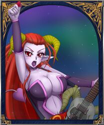  breasts choker cleavage demon_girl earrings guitar guitar_pick horns instrument jewelry lipstick long_hair makeup monster_girl plectrum purple purple_skin red_eyes red_hair skin skull tail 